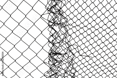 The texture of the metal mesh. Torn  destroyed  broken metal mesh on a white background