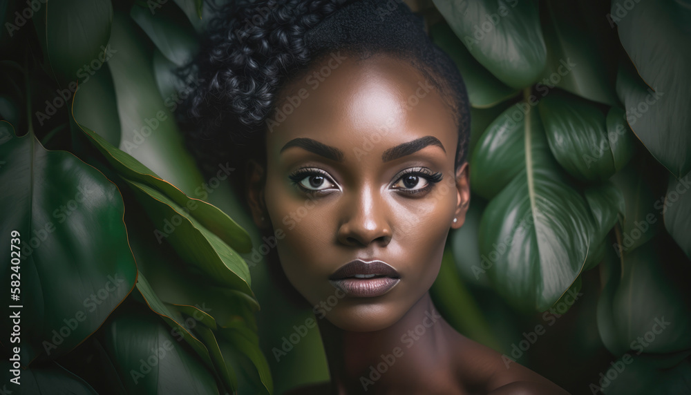 Beautiful woman standing in a forest surrounded by lush green leaves and natural light Beautiful woman standing in a forest surrounded by lush green leaves and natural light