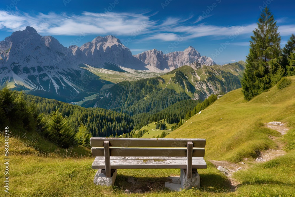Bench with view of Alps. Photo generative AI Bench with view of Alps. Photo generative AI