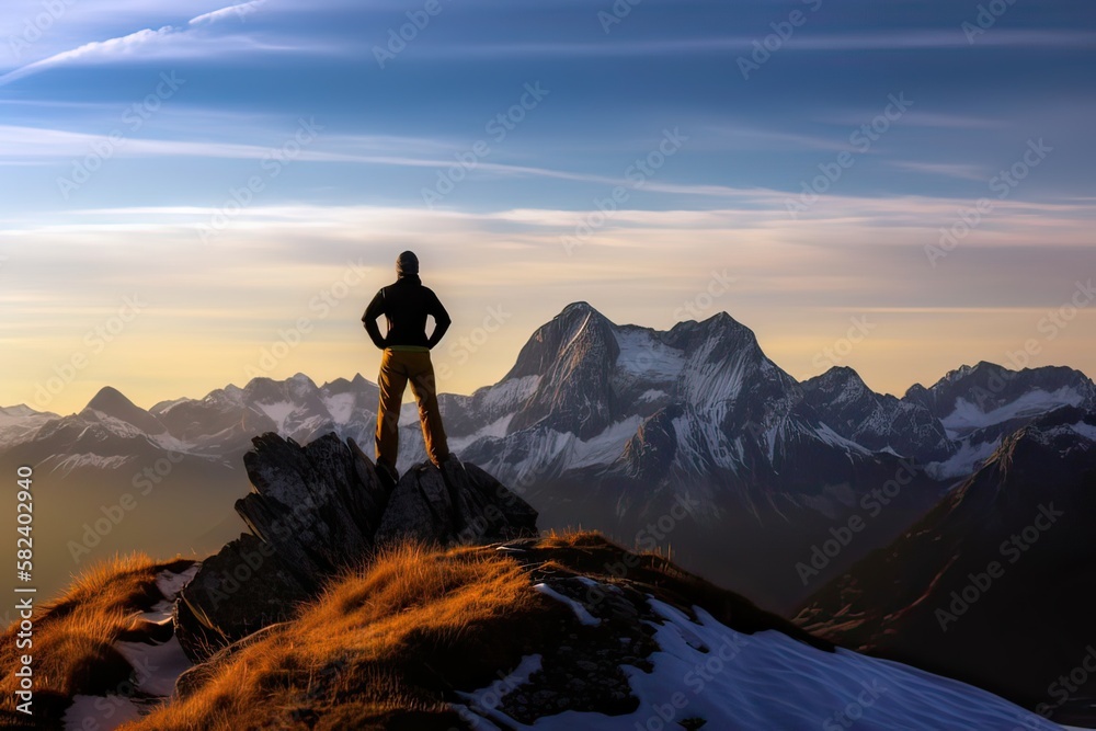 Mountain climber admires beautiful view. Photo generative AI