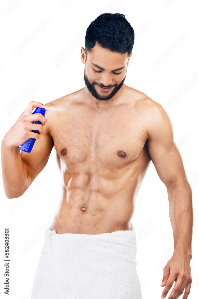 Fototapeta premium Spray, clean and body of a man with deodorant after a shower isolated on a png background. Wellness, happy and young model with a smile for a fragrance product, health and happiness for hygiene
