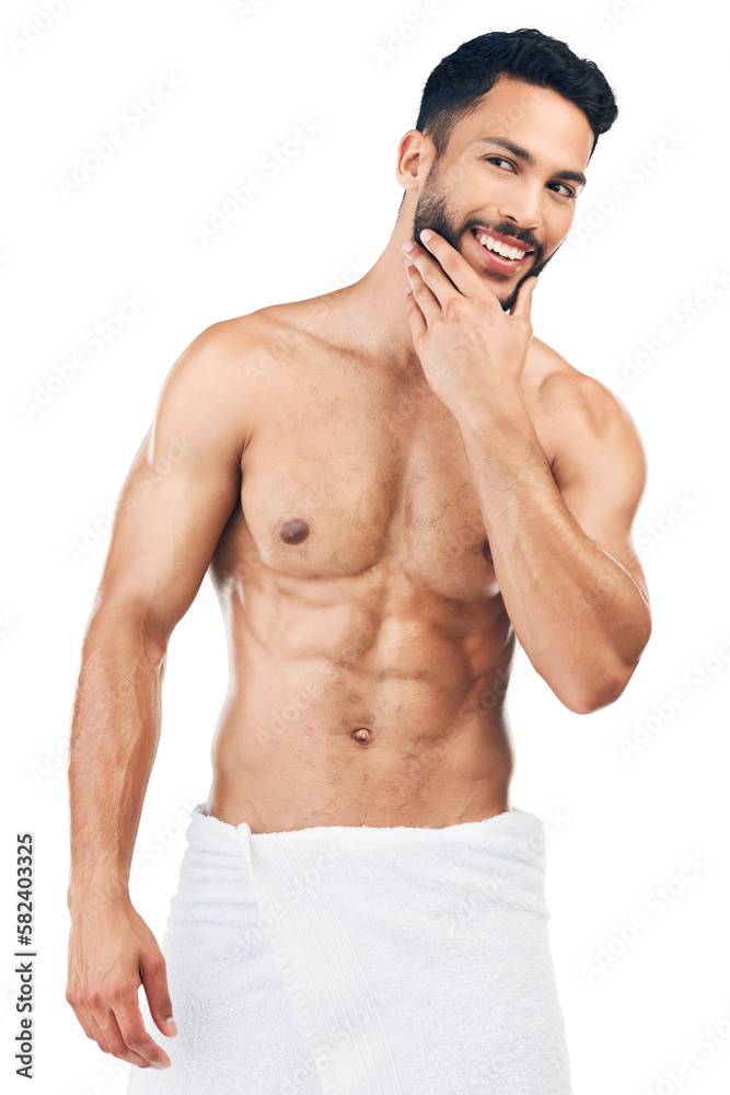 Fototapeta premium Hygiene, shower and man with smile for body, beard and facial hair against isolated on a png background. Wellness, cleaning and model happy washing for health, care for skin and grooming for beauty