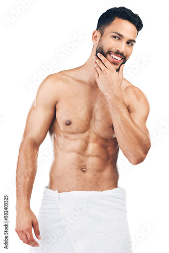 Hygiene, shower and man with smile for body, beard and facial hair against isolated on a png background. Wellness, cleaning and model happy washing for health, care for skin and grooming for beauty