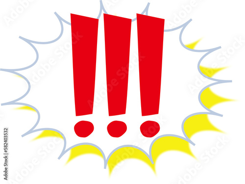 Three exclamation mark symbols in a comic explosion shape dialog box for surprise, shock