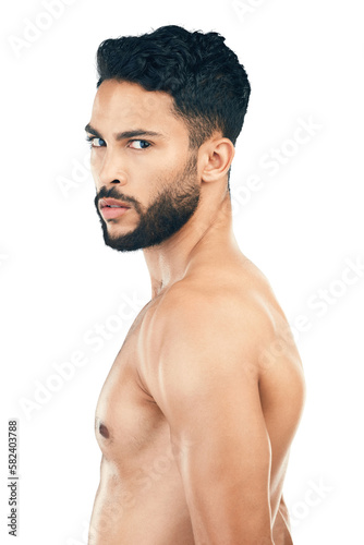 Fitness, body wellness and portrait of man pose for body care and health on isolated on a png background. Exercise, bodybuilding and profile of young male with serious face, muscles and strength