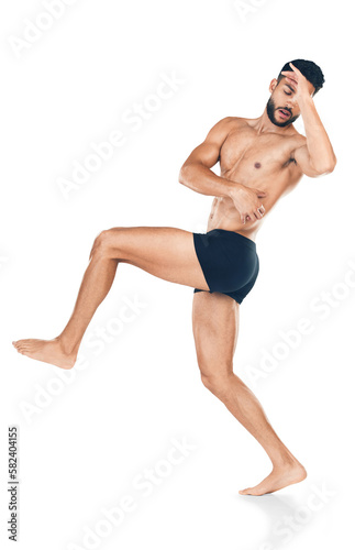 Health  fitness and body of a man for health  wellness and self care motivation for a healthy lifestyle. Strong model in underwear for exercise  training and workout isolated on a png background