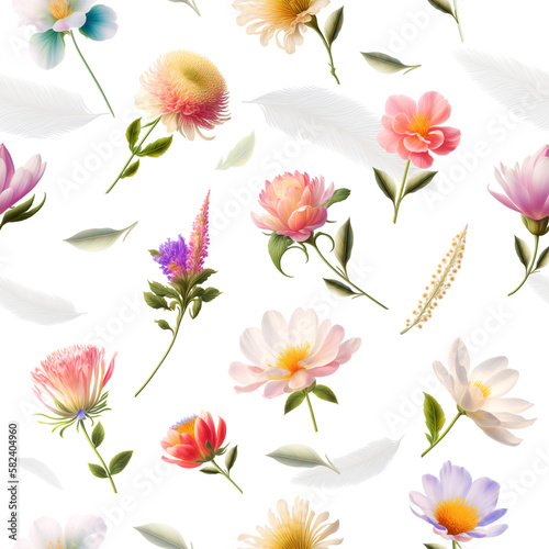 Isolated luxury floral pattern decorative with many spring flowers. Beautiful Watercolor fantasy garden flowers in White background. Pattern mirrored for repeat background. Generative AI