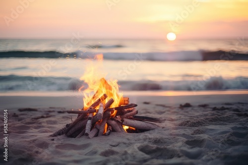 beautiful sunset over the sea is accompanied by a blazing fire on the beach, creating a warm and inviting atmosphere. Generative AI