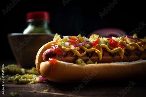 Saftiger Hotdog mit Wurst Zwiebeln Senf Ketchup und weiteren Zutaten - Amerikanischer Hot Dog 
