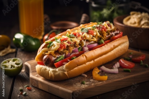 Saftiger Hotdog mit Wurst Zwiebeln Senf Ketchup und weiteren Zutaten - Amerikanischer Hot Dog 