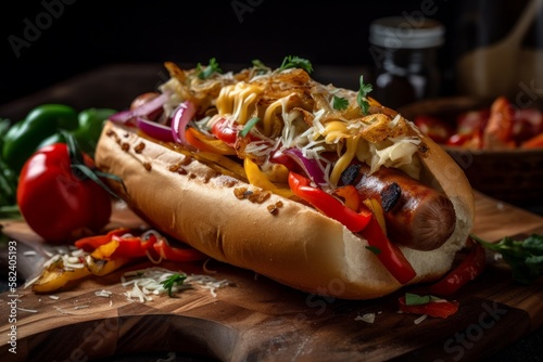 Saftiger Hotdog mit Wurst Zwiebeln Senf Ketchup und weiteren Zutaten - Amerikanischer Hot Dog 