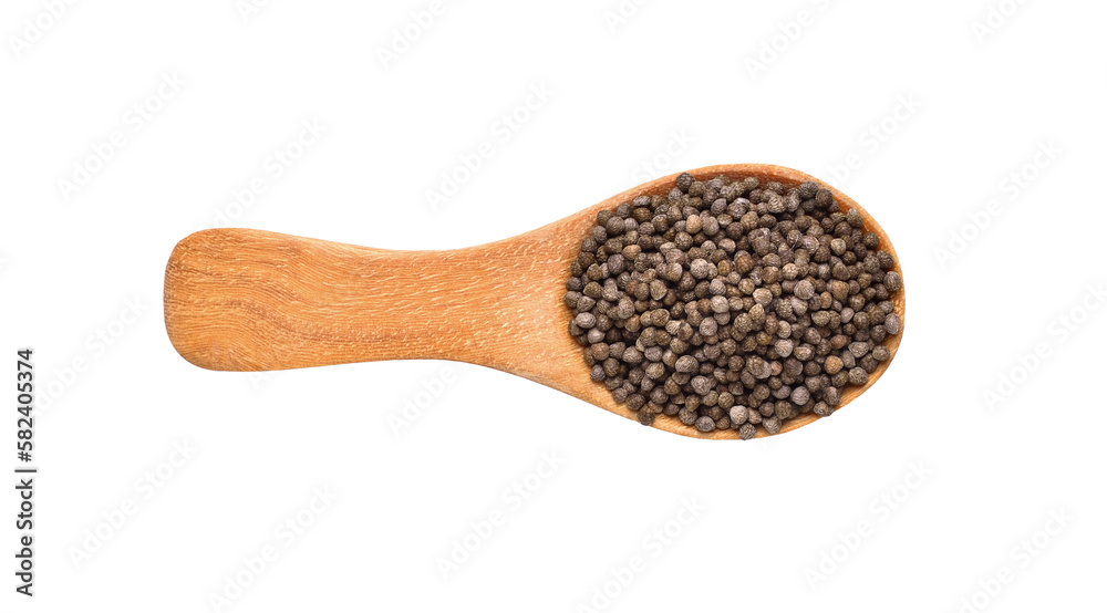 Perilla herb seed in wood spoon on transparent. Top view