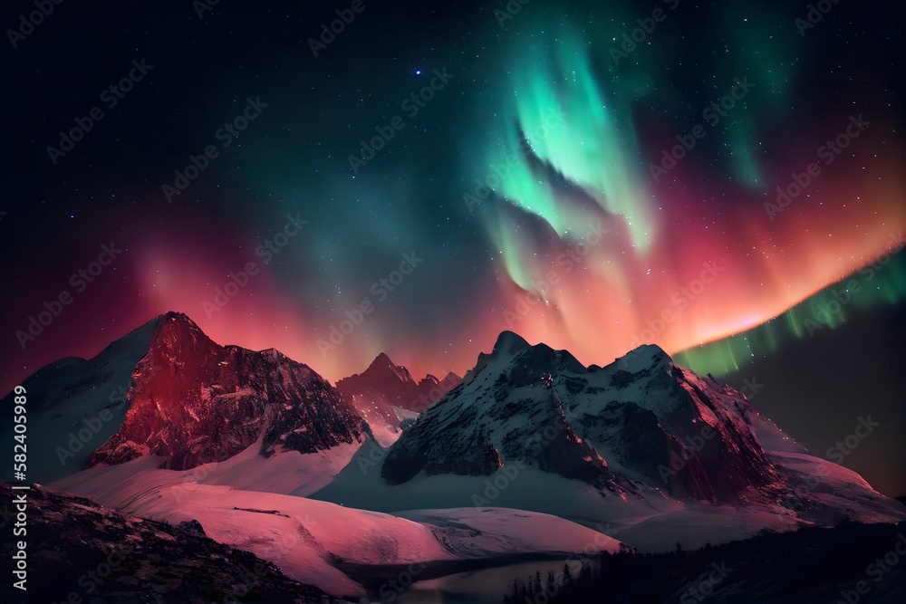 A beautiful landscape aurora over mountains, Ai generative