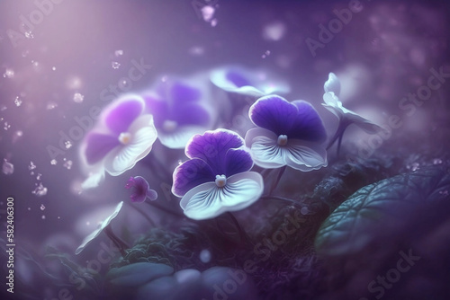 purple and white violet flowers in soft fog  photo