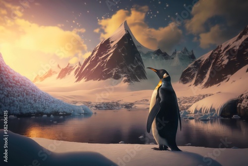 Penguin on the backdrop of snowy mountains in Antarctica at sunrise. Generative AI.