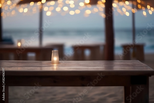 wooden table with candle in jar on background seabeach