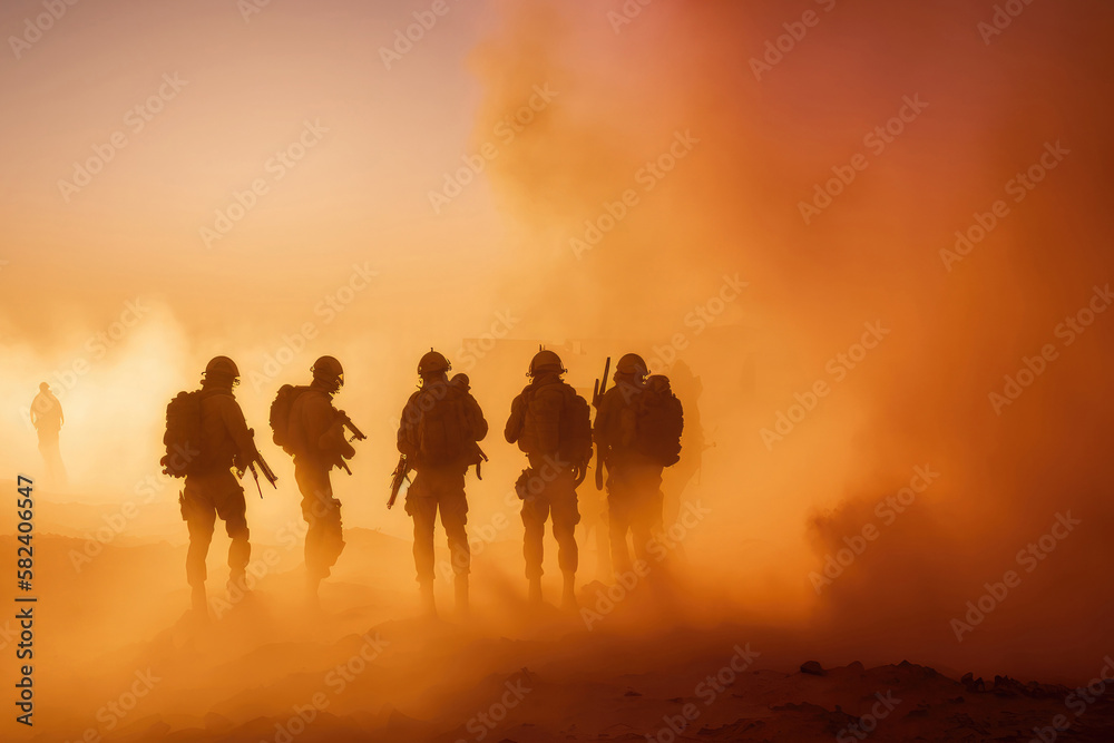 Fototapeta premium AI generated silhouettes of army soldiers attacking in smoke against sunset marines team in action
