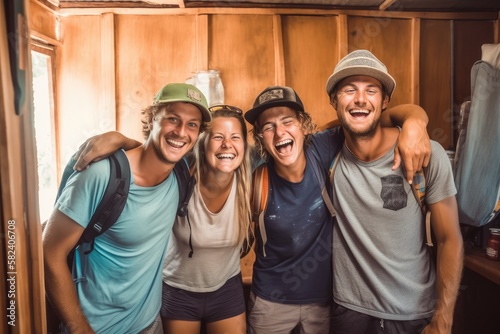 group of cheerful backpackers enjoying their stay in a hostel. With their smiling faces and relaxed demeanor. Generative AI photo