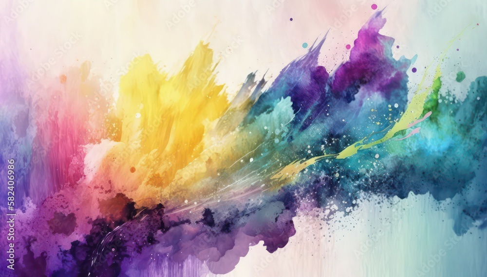 Fototapeta premium Bright abstract watercolor background. Colored chaotic paint splatter. Rainbow watercolor wallpaper. Generative AI.