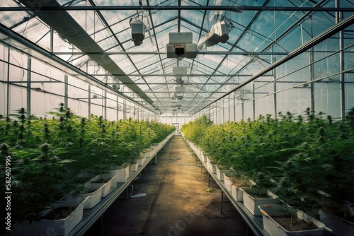 large greenhouse filled with lush green marijuana plants, grown under controlled conditions. Generative AI
