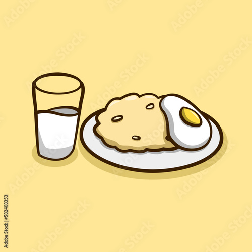 breakfast cartoon illustration with rice eggs and milk