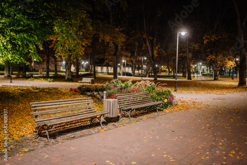 A Night in the Park. Late Autumn Night in the Park. Wood Benches and Park Alley. Horizontal Photography. Central Europe 