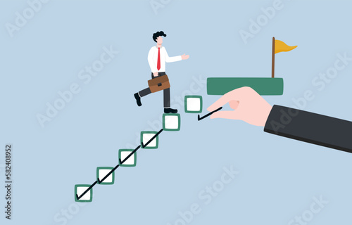 probationary period, employee evaluation to provide feedback and make decision about promotion, raise or termination concept, Businessman walking up stair of check boxes for assessment. photo