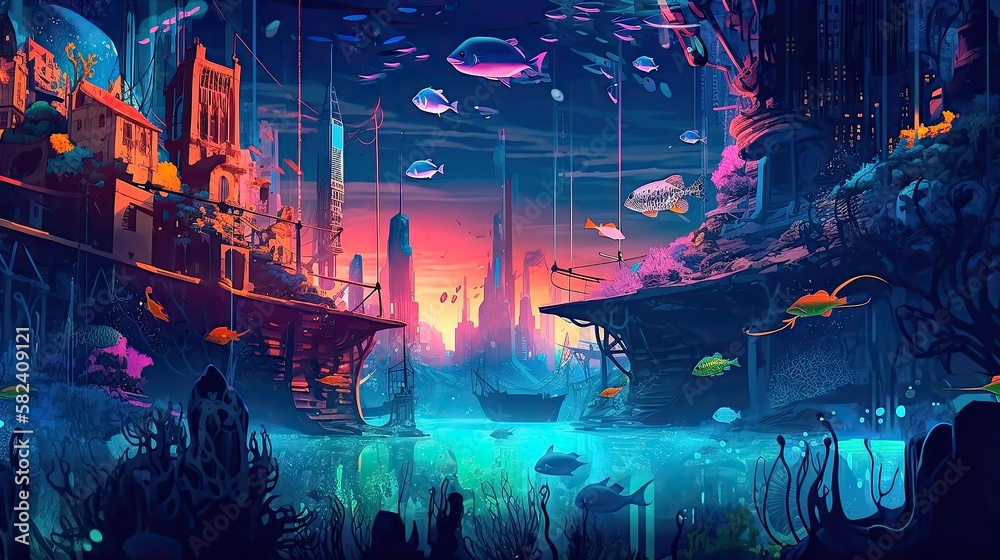 Obraz premium An underwater cityscape filled with bioluminescent creatures. Fantasy, panoramic shot, deep in the ocean, mysterious atmosphere. Digital Illustration with vibrant and glowing colors. Generative AI