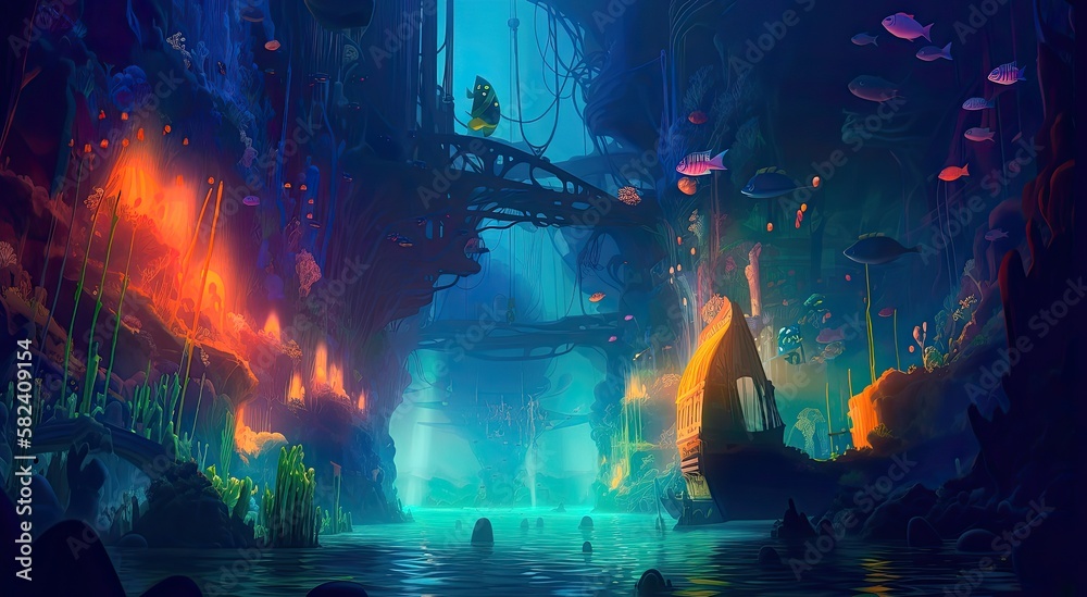 An underwater cityscape filled with bioluminescent creatures. Fantasy, panoramic shot, deep in the ocean, mysterious atmosphere. Digital Illustration with vibrant and glowing colors. Generative AI
