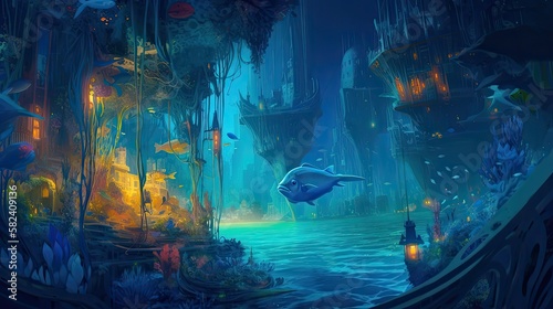 An underwater cityscape filled with bioluminescent creatures. Fantasy  panoramic shot  deep in the ocean  mysterious atmosphere. Digital Illustration with vibrant and glowing colors. Generative AI