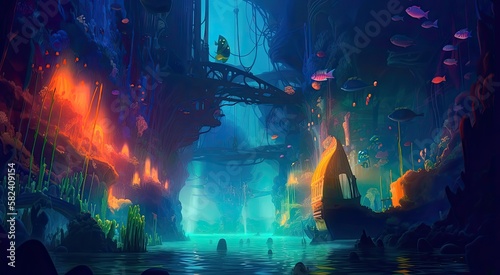 An underwater cityscape filled with bioluminescent creatures. Fantasy  panoramic shot  deep in the ocean  mysterious atmosphere. Digital Illustration with vibrant and glowing colors. Generative AI