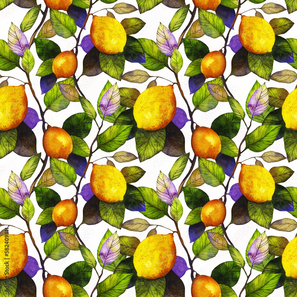 Lemon tree branches with fruits and leaves - digital and watercolour artwork, mixed media vintage seamless tile pattern. Endless rapport for packaging, textile, decoupage, wall-art.