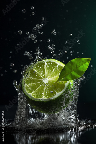 Generative AI. Lime and mint  water splash on black background