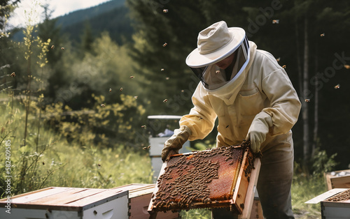 Person in bee suit examines a frame full of bees, with hives and trees in background.