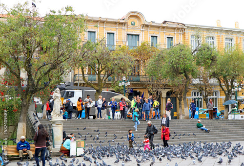 Street Scene of Plaza Murillo Square with Groups of People and Large Flock of Pigeons, La Paz, Bolivia, South America