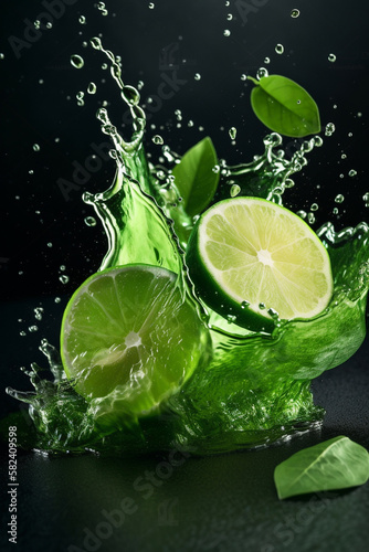 Generative AI. Lime and mint, water splash on black background