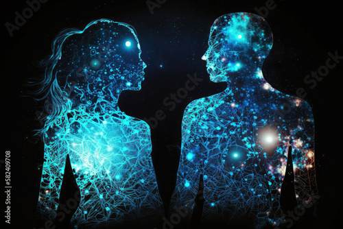 Astral body man and woman silhouettes face to face neural network AI generated art