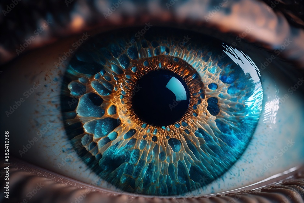 Extreme macro image of beautiful blue woman eye. Generative AI