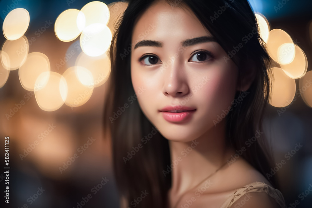 Beautiful Asian Girl, Face Shot in Low light environment with Bokeh Light Background. generative AI Beautiful Asian Girl, Face Shot in Low light environment with Bokeh Light Background. generative AI