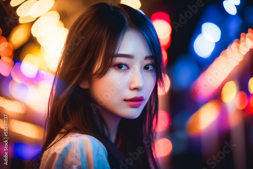 Beautiful Asian Girl  Face Shot in Low light environment with Bokeh Light Background. generative AI