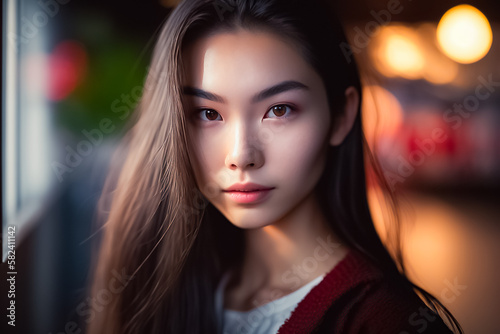 Beautiful Asian Girl, Face Shot in Low light environment with Bokeh Light Background. generative AI