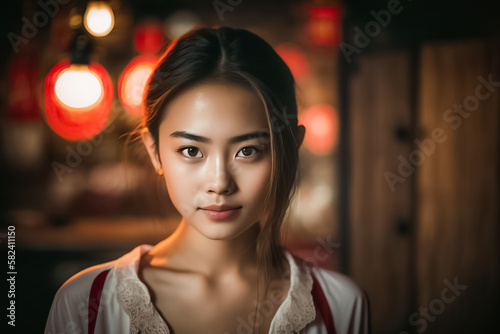 Beautiful Asian Girl, Face Shot in Low light environment with Bokeh Light Background. generative AI © Surachetsh