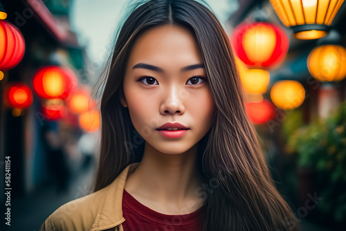 Beautiful Asian Girl, Face Shot in Low light environment with Bokeh Light Background. generative AI