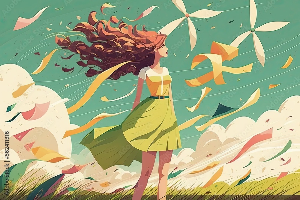 Fototapeta premium Flat woman Wind Summer Beauty flat cartoon AI Generated