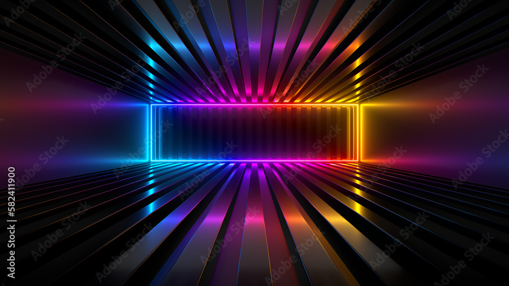 Sci Fy neon glowing lines in a dark tunnel. Reflections on the floor and ceiling. 3d rendering image. Abstract glowing lines. Techology futuristic background. Sci Fy neon glowing lines in a dark tunnel. Reflections on the floor and ceiling. 3d rendering image. Abstract glowing lines. Techology futuristic background.