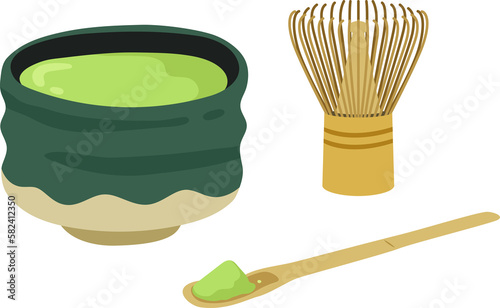 Konstfotografi Japanese Matcha bowl with wooden spoon, wooden whisk and Matcha powder