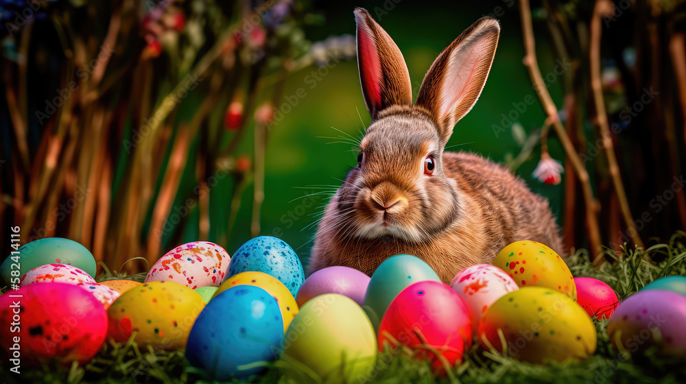 A realistic photograph of a Happy Easter Bunny sitting in a field of green grass, surrounded by colorful Easter eggs. Generative AI A realistic photograph of a Happy Easter Bunny sitting in a field of green grass, surrounded by colorful Easter eggs. Generative AI