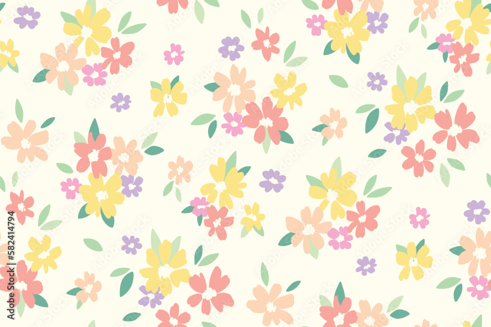 Seamless floral pattern, cute ditsy print with pretty spring, summer flora. Liberty botanical design with small hand drawn plants: simple flowers, leaves on white background. Vector illustration.