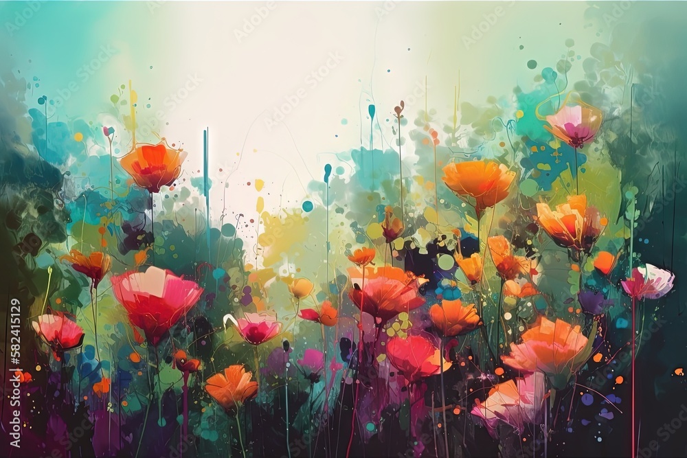 Vibrant Flower Meadow Illustration with Abstract Design Elements. Generative AI.