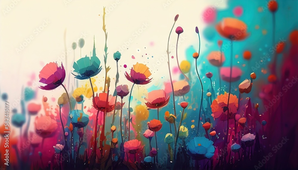 custom made wallpaper toronto digitalVibrant Flower Meadow Illustration with Abstract Design Elements. Generative AI.